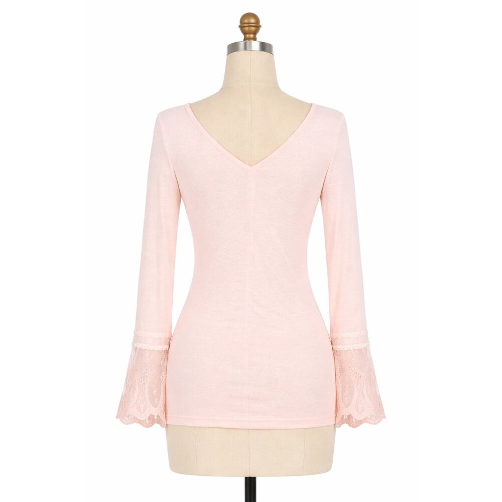 NWT Pale Pink Lace Bell Sleeve V-Neck Top | Balletcore Soft Girl Coquette Boho S - Picture 6 of 9